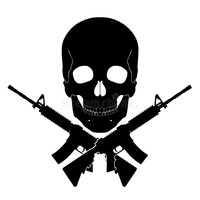 Skull with crossed guns stock illustration. Illustration of sign - 32763216