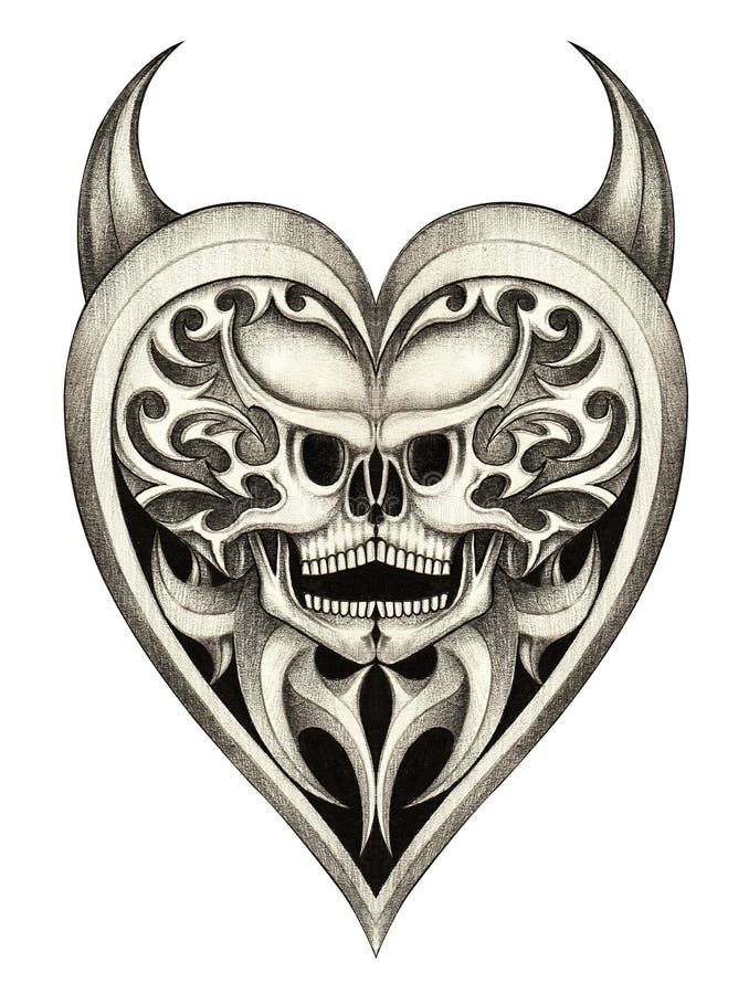 Skull heart devil tattoo. stock illustration. Illustration of fantasy -  70369858