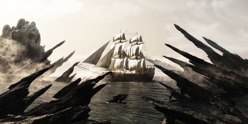 Search for skull island. Pirate or merchant sailing ship sailing toward a mysterious foggy skull shaped island.