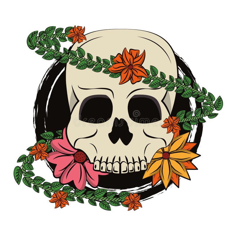 Skull with Leaves and Flowers Stock Vector - Illustration of head, fear ...