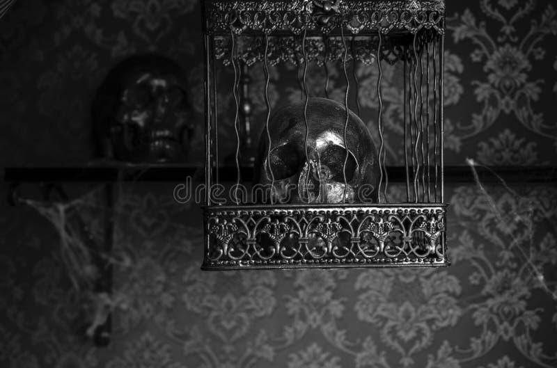 Skull in Ornate Cage Hanging in Candlelit Room royalty free stock images Skull in Ornate Cage Hanging in Candlelit Room royalty free stock images