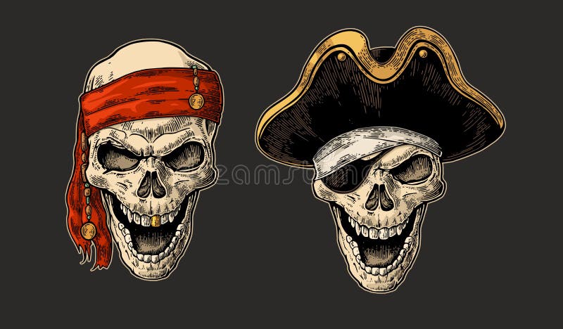 Skull in pirate with clothes eye patch, captain hat, bandana. Vintage engraving vector illustration Skull in pirate with clothes eye patch, captain hat, bandana. Vintage engraving vector illustration