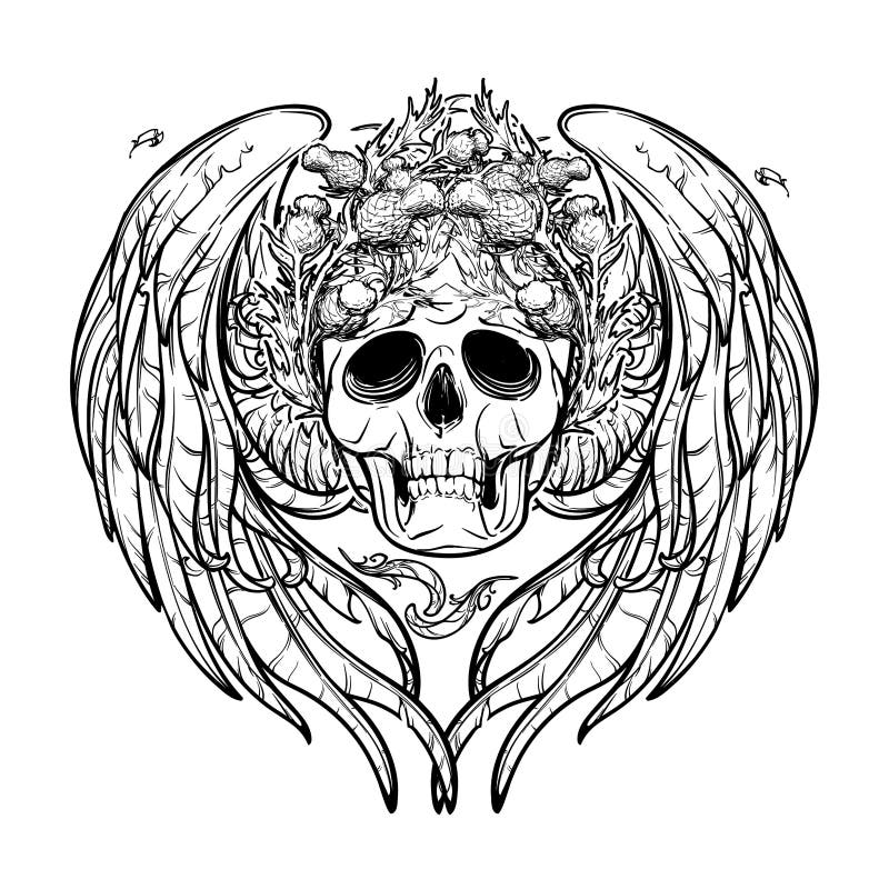 Skull in wreath with wings. Black and white. stock illustration Skull in wreath with wings. Black and white. stock illustration