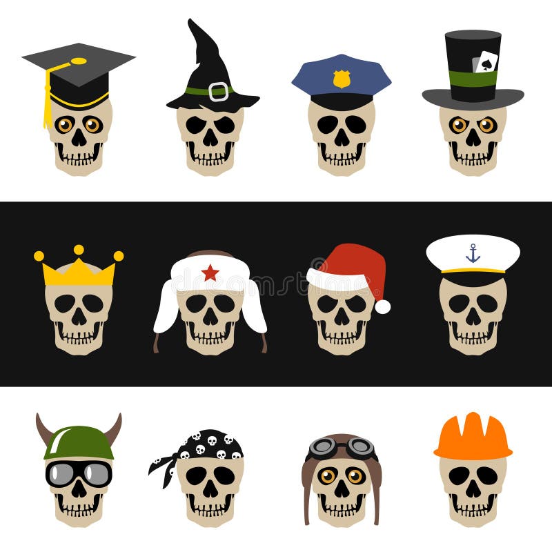 Skulls with hat, helmet, cap, bandanna and crown royalty free illustration Skulls with hat, helmet, cap, bandanna and crown royalty free illustration