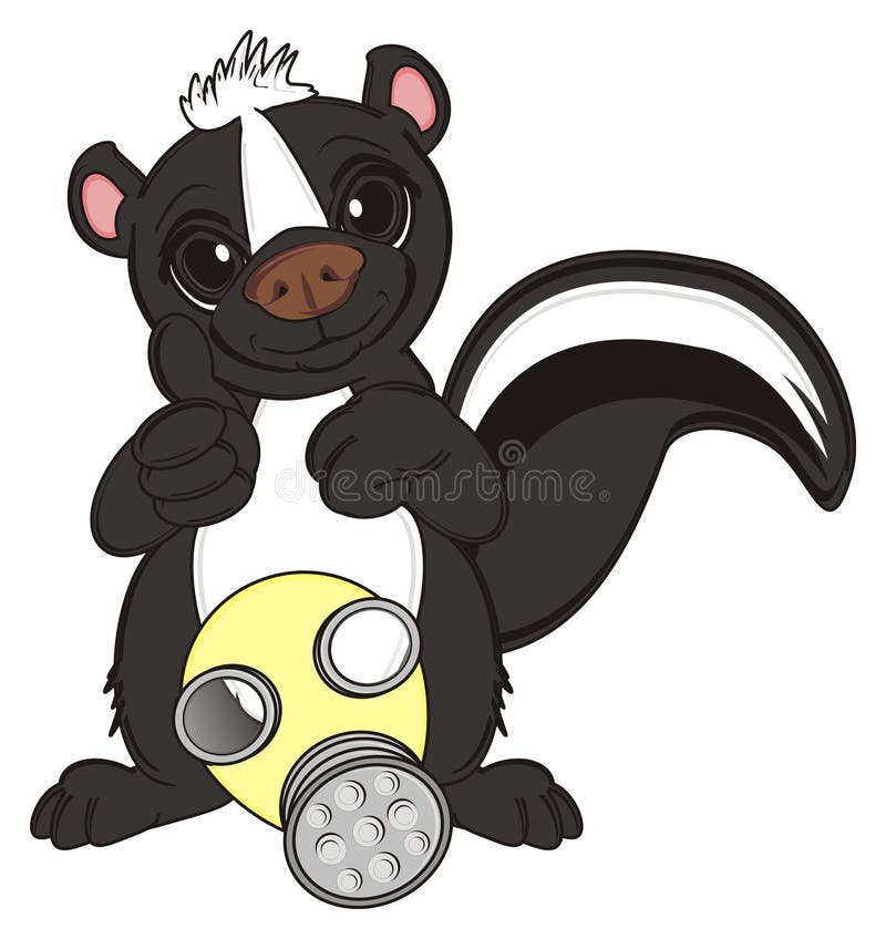 Smiling skunk stand and show gesture class near the gas mask. Smiling skunk illustrations