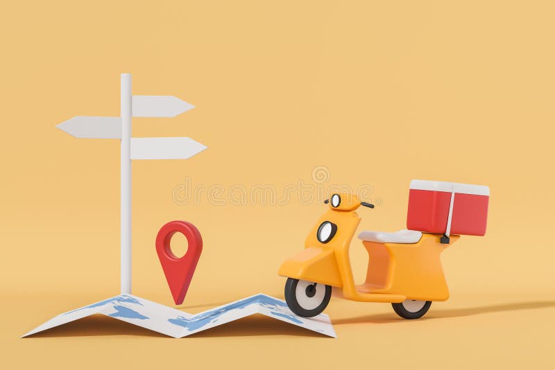 Skuter dostarczania z mapą papieru i wskaźnikiem drogi. makieta ilustracji