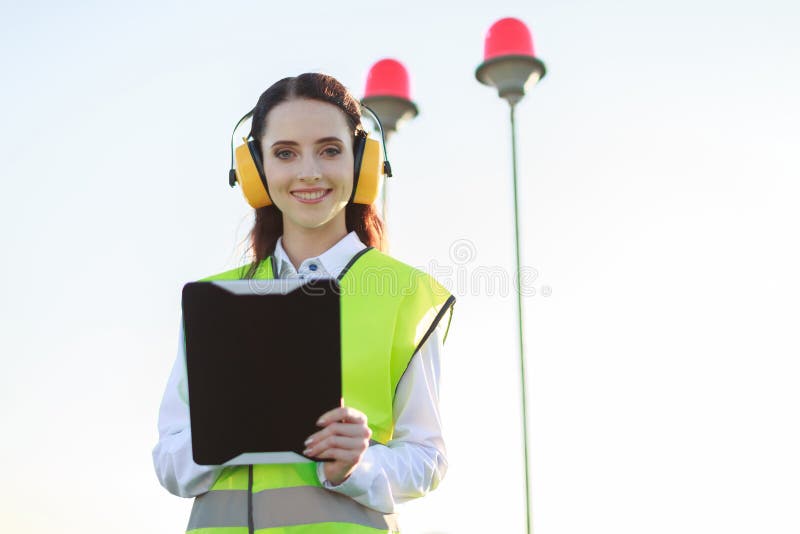 Attractive young woman in green west and earmuffs stand on roof, hold tablet royalty free stock photography Attractive young woman in green west and earmuffs stand on roof, hold tablet royalty free stock photography