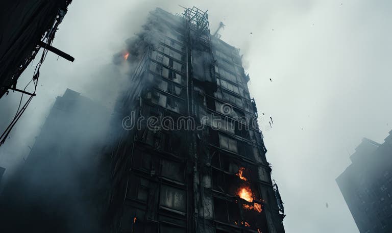 Sky-high Fire and Smoke Envelop a Skyscraper. AI Generative Stock ...