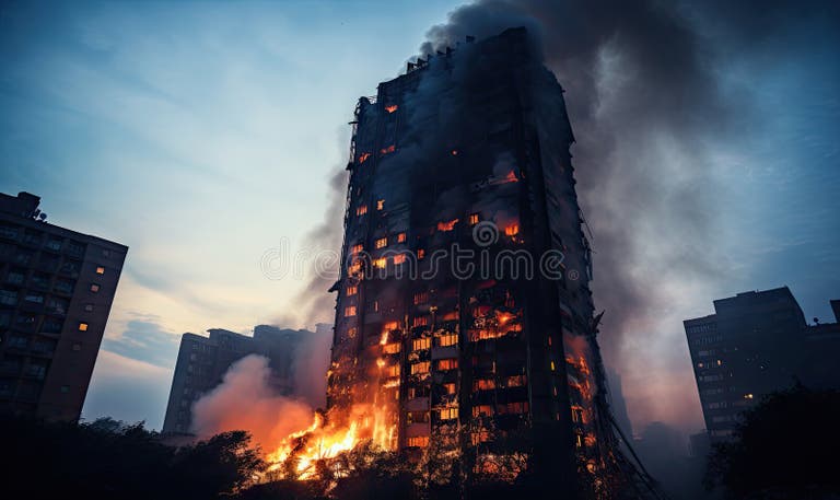 Sky-high Fire and Smoke Envelop a Skyscraper. AI Generative Stock ...