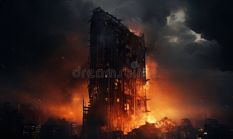 Sky-high Fire and Smoke Envelop a Skyscraper. AI Generative Stock ...