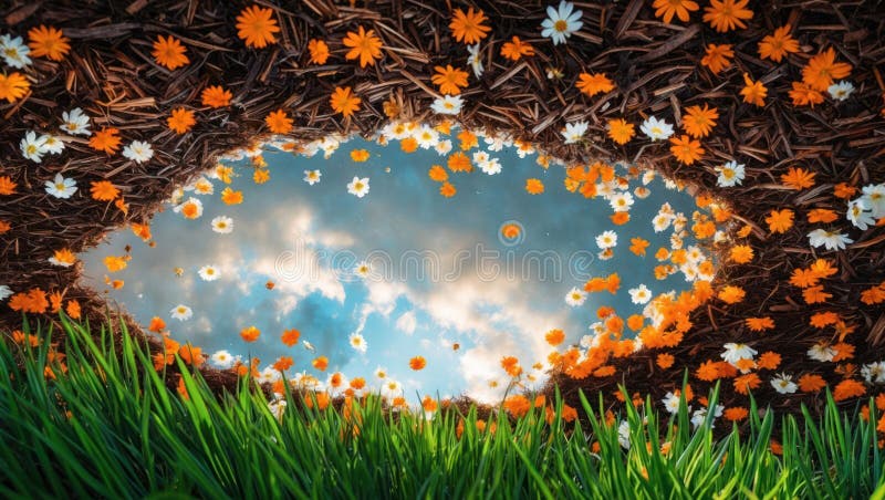 Serene Spring Meadow Reflection: Orange and White Flowers in a Puddle royalty free illustration