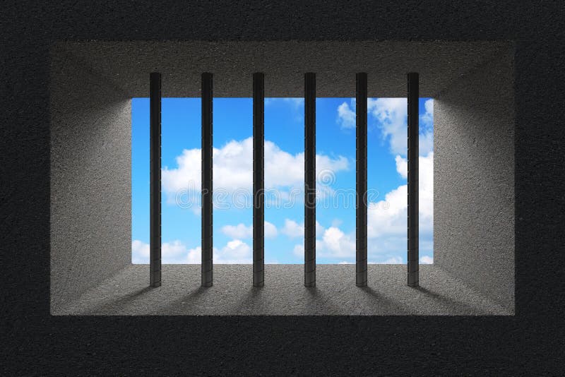 Sky Seen through Jail Bars in Prison Window. 3d Rendering Stock