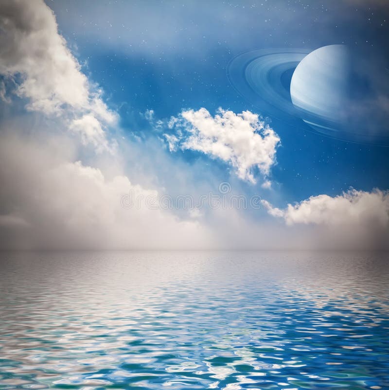 Sky with stars and planet reflected in water.