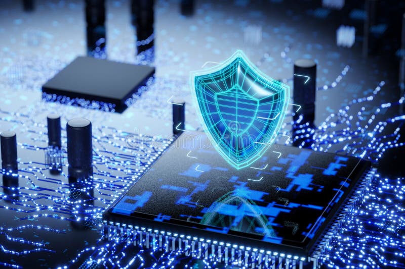 Skydd av personuppgifter. Internet för företag. kryptografi av mikrochip. it-säkerhet. dataskyddskoncept. skydda dina data. 3d-rendering av cpu-kritiskt skydd