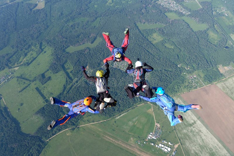 Skydiving 3D Formation Having Fun Over Sea Editorial Image Image of
