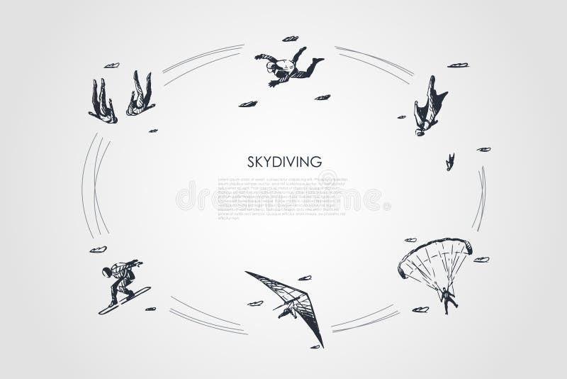 Skydiving - люди в воздухе скача с парашютом и skydiving набором концепции вектора иллюстрация вектора Skydiving - люди в воздухе скача с парашютом и skydiving набором концепции вектора иллюстрация вектора