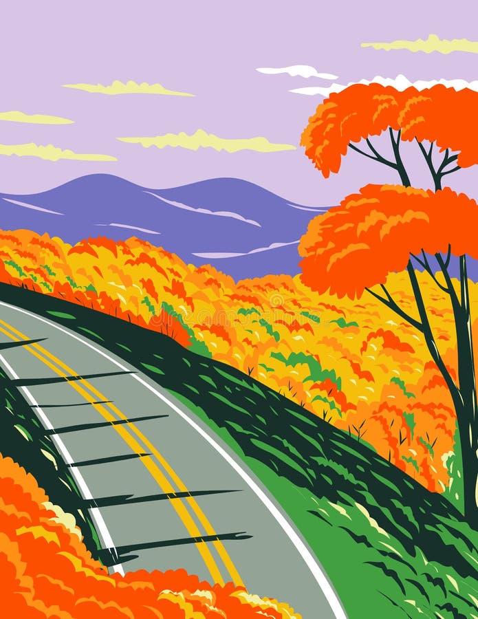 Skylindrivningen vid nationalparken Shenandoah med de blå riddbergen under fallet i virginia wpa affisch art stock illustrationer Skylindrivningen vid nationalparken Shenandoah med de blå riddbergen under fallet i virginia wpa affisch art stock illustrationer