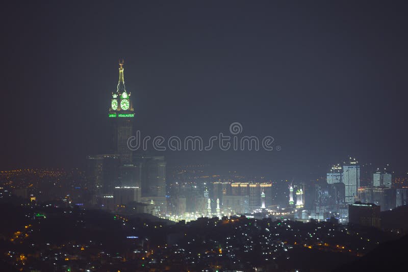 Skyline with Abraj Al Bait Royal Clock Tower Makkah in Makkah, Saudi Arabia,, night photo