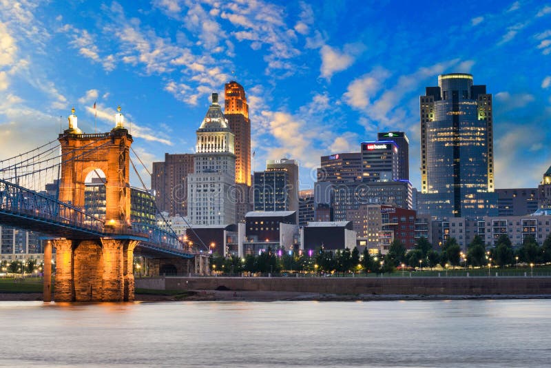 Skyline of Cincinnati, Ohio and the John A Roebling Suspension B