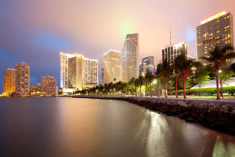 Skyline of city downtown and Brickell Key in Miami royalty free stock image
