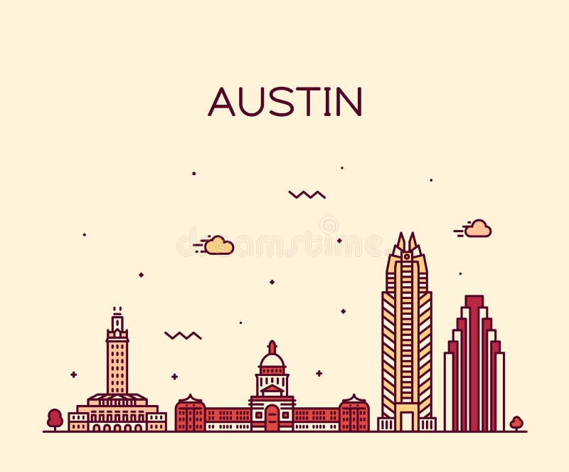 Skyline De Austin, Texas, EUA Estilo Linear Do Vetor Ilustração do
