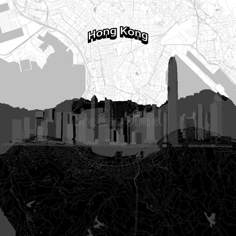 Skyline de Hong Kong com mapa ilustração royalty free Skyline de Hong Kong com mapa ilustração royalty free