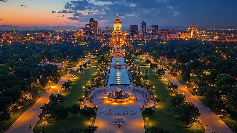 Skyline de la ville de Kansas à twilight cityscape reflétant dans les caractéristiques de l'eau avec un bel éclairage illustration stock