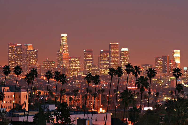 Sunset view of the Los Angeles downtown skyline with palm trees in foreground. Sunset view of the Los Angeles downtown skyline with palm trees in foreground