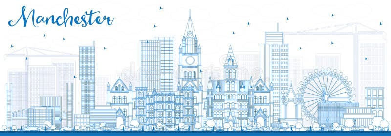Outline Manchester Skyline with Blue Buildings. Vector Illustration. Business Travel and Tourism Concept with Modern Architecture. Image for Presentation Banner Placard and Web Site. Outline Manchester Skyline with Blue Buildings. Vector Illustration. Business Travel and Tourism Concept with Modern Architecture. Image for Presentation Banner Placard and Web Site.