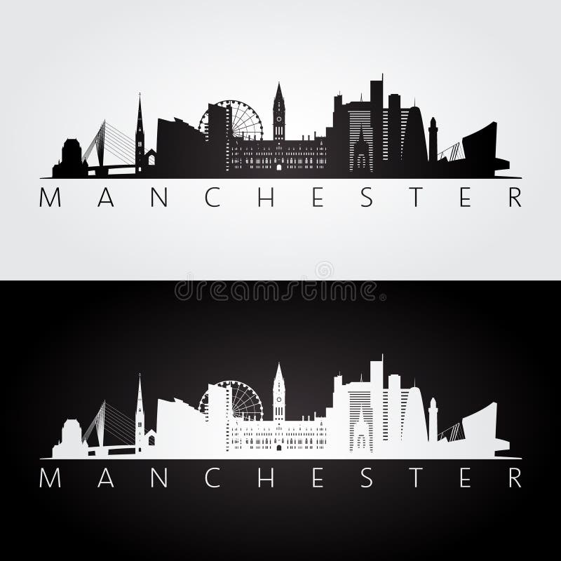 Manchester skyline and landmarks silhouette, black and white design, vector illustration. Manchester skyline and landmarks silhouette, black and white design, vector illustration.