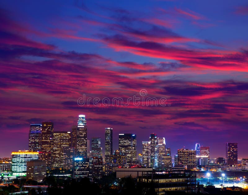 Downtown LA night Los Angeles sunset colorful skyline California. Downtown LA night Los Angeles sunset colorful skyline California