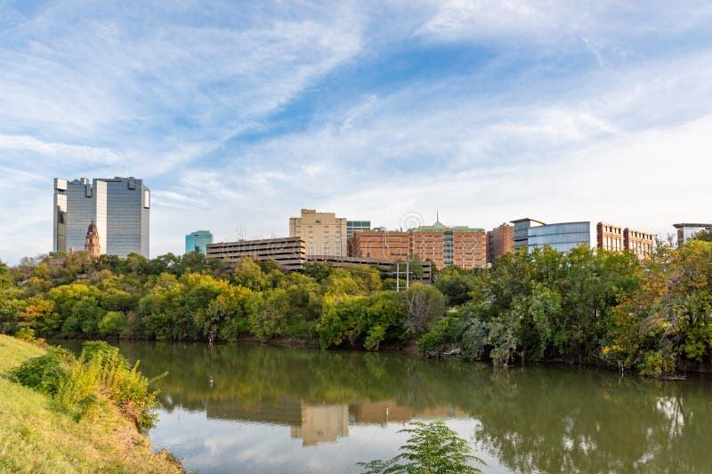 Skyline of Fort Worth Seen from the River Trinity Park, Texas Stock
