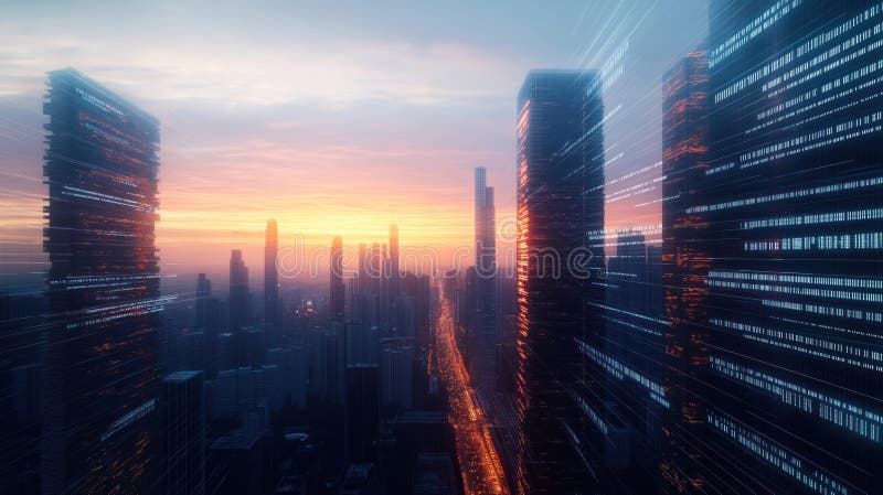 Skyline futurist oraș la apus. zgârie-nori cu interfețe digitale strălucitoare cu lumini. fluxuri de date de-a lungul clădirilor. royalty free illustration