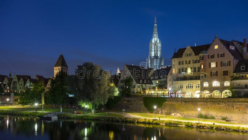 Skyline of German City Ulm with Cathedral (Munster) at night. Skyline of German City Ulm with Cathedral (Munster) at night