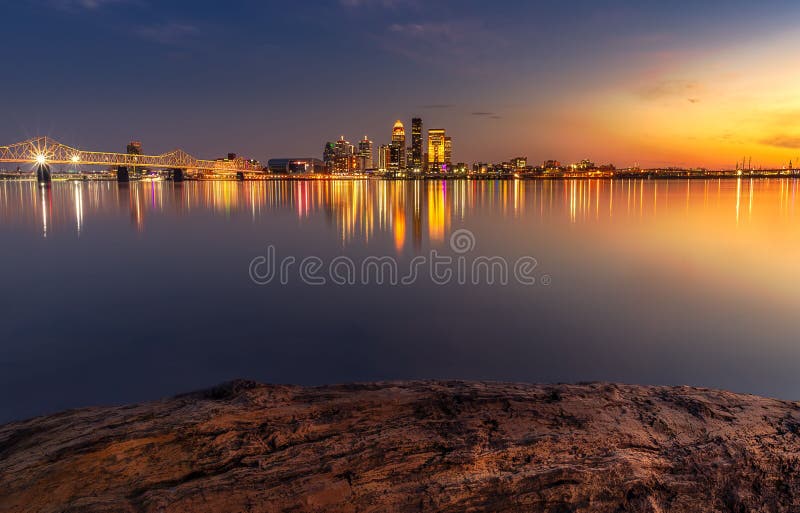 Skyline of Illuminated Downtown Louisville in Kentucky USA Stock Image