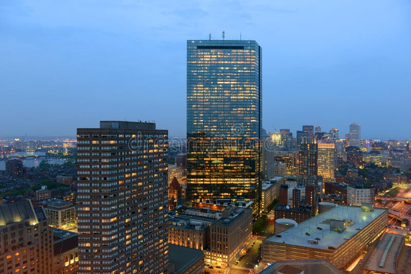 Boston John Hancock Tower and Back Bay Skyline at night, Boston, Massachusetts, USA. Boston John Hancock Tower and Back Bay Skyline at night, Boston, Massachusetts, USA