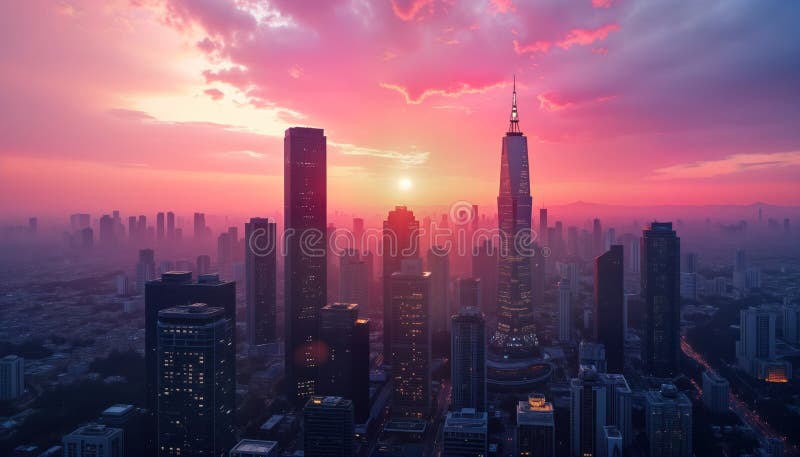 Skyline oraș la apus. zgârie-norii sunt înalți față de cerul violet roz aprins. peisaje urbane cu lumină orară aurie. stock illustration