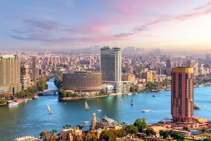 Skyline over the Nile in Cairo before sunset, aerial view, Egypt royalty free stock photos