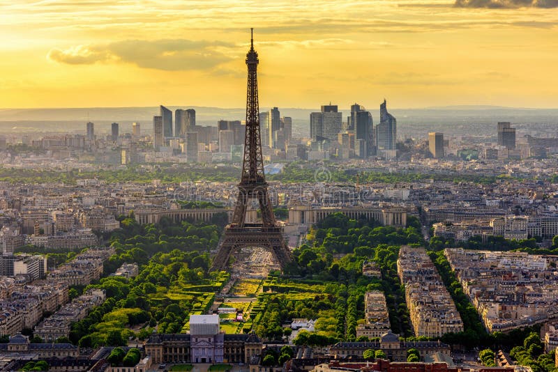 Skyline of Paris with Eiffel Tower at sunset in Paris