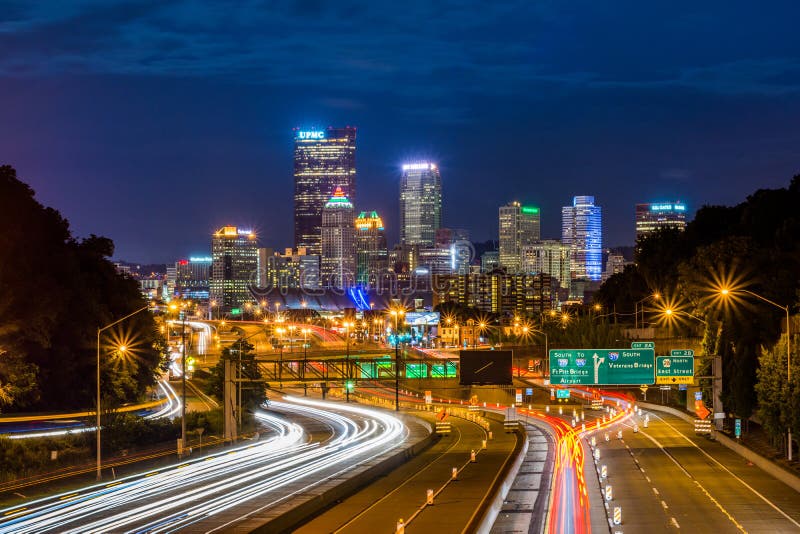 Skyline of Pittsburgh, Pennsylvania from the Highway at Night Editorial