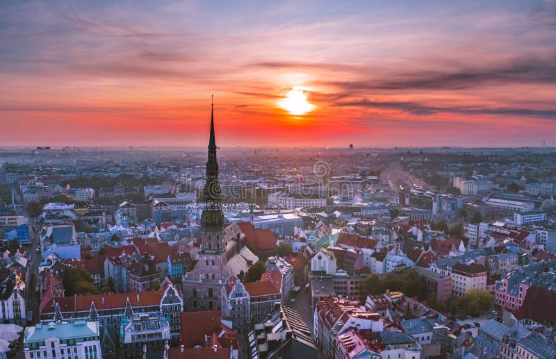 Skyline of Riga old town, sunrise time. Riga is the capital and the largest city of Latvia stock photo