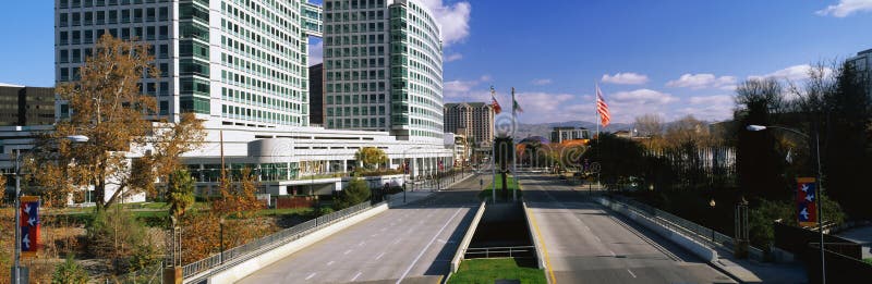 This is the skyline on a Saturday morning. The Adobe Systems Building is on the left. This area is known as Silicon Valley. stock image