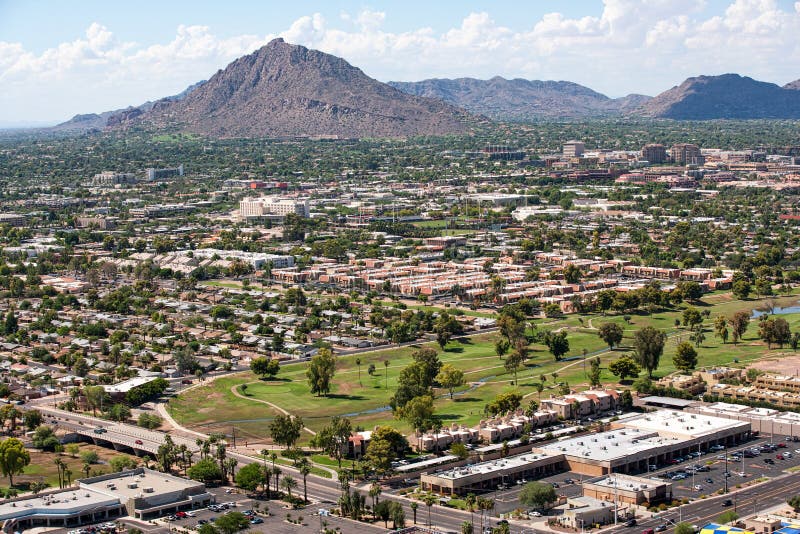 Skyline of Scottsdale, Arizona with a view of Camelback Mountain from the greenbelt area near Thomas Rd. and Hayden Rd. Skyline of Scottsdale, Arizona with a view of Camelback Mountain from the greenbelt area near Thomas Rd. and Hayden Rd.