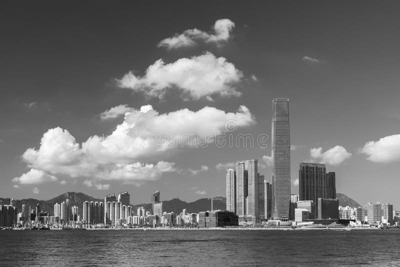 Skyline of Victoria Harbor of Hong Kong City in Monochrome Stock Photo ...