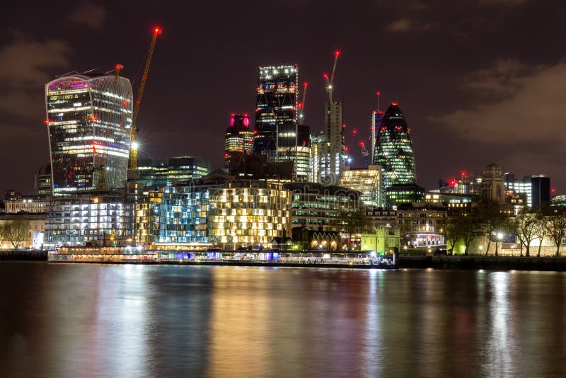 Skyline View of London Business District, Panoramic View at Night