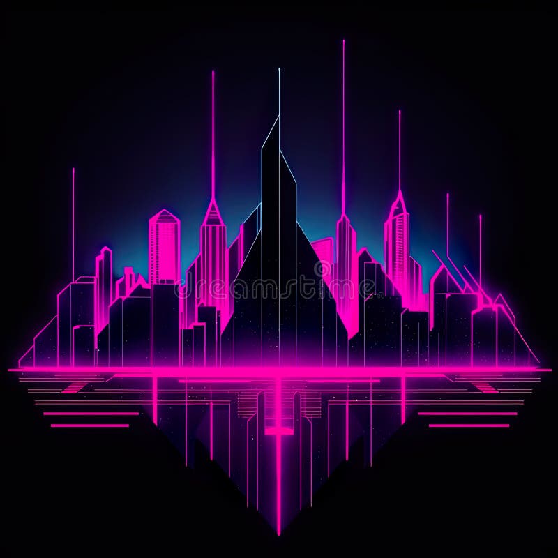 Skyline viola e magenta neon di sfondo nero 80 ai immagine generativa illustrazione di stock