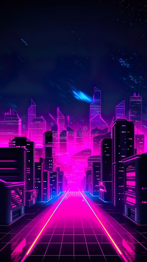 Skyline viola e magenta neon di sfondo nero 80 ai immagine generativa illustrazione vettoriale