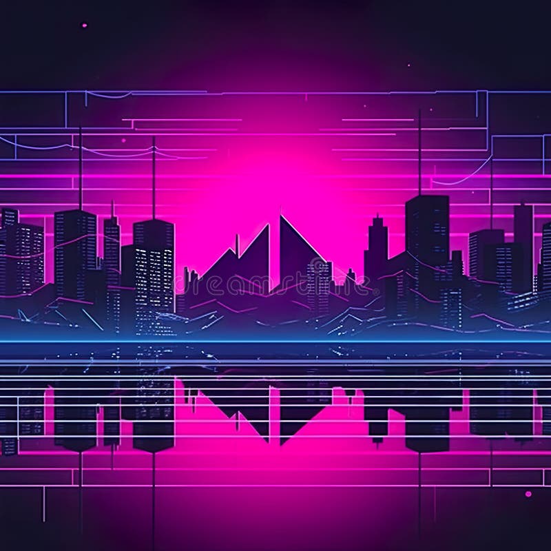 Skyline viola e magenta neon di sfondo nero 80 ai immagine generativa illustrazione di stock
