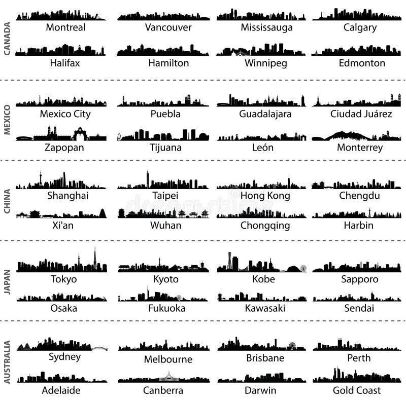 Skylines of Canada, Mexico, China, Japan and Australia cities vector illustration Skylines of Canada, Mexico, China, Japan and Australia cities vector illustration
