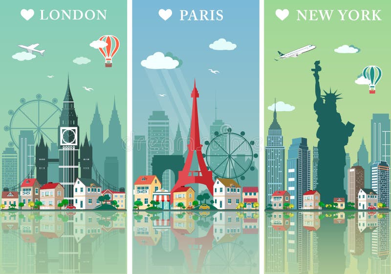 Skylines das cidades ajustadas Ilustração lisa do vetor das paisagens As skylines das cidades de Londres, de Paris e de New York